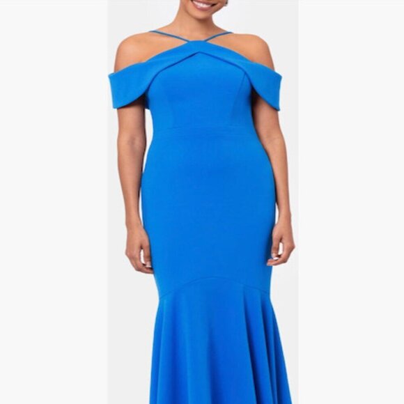 Xscape Dresses & Skirts - Xscape Evenings Cold Shoulder Handkerchief Hem Scuba Crepe Gown in Blue Size 16